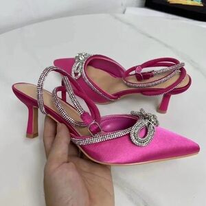 Mixx Shuz Fuchsia Satin Heels with Rhinestone Accents